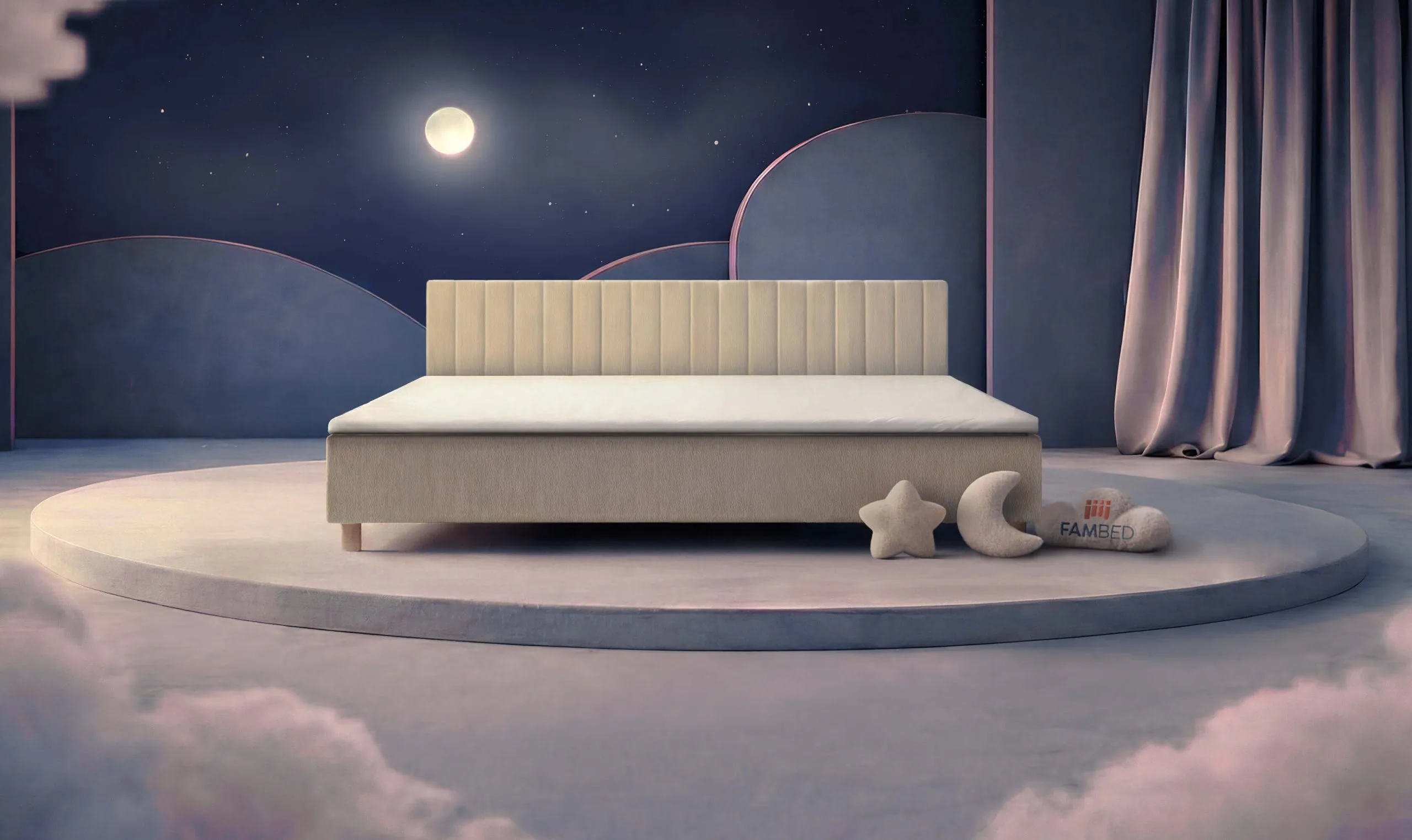 Cama familiar FAMBED® de 270 cm de ancho, vista en ángulo desde el frente