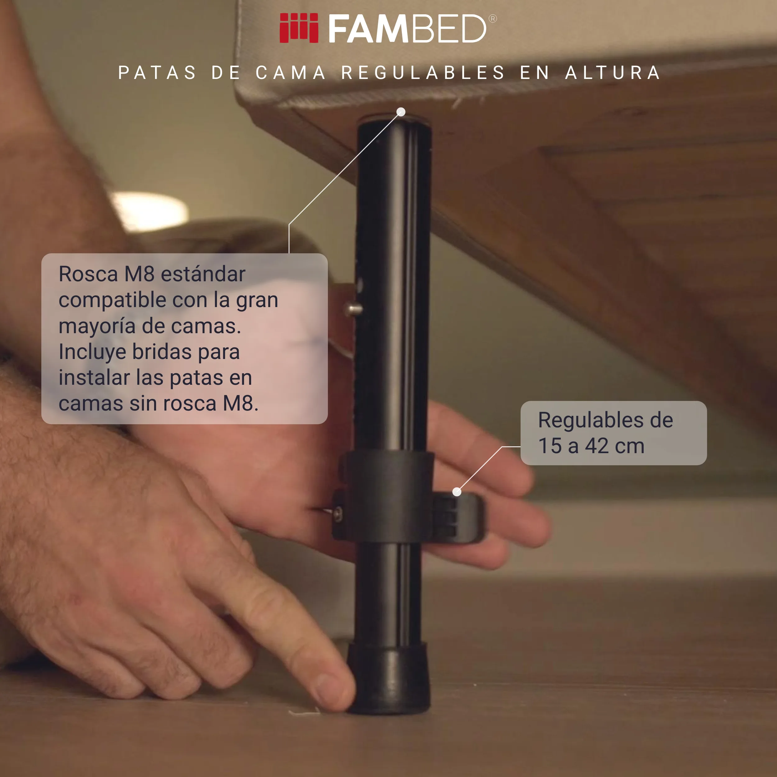 Infografía: pata de cama negra regulable en altura instalada bajo una cama, con indicaciones sobre la rosca M8 y la altura ajustable de 15 a 42 cm