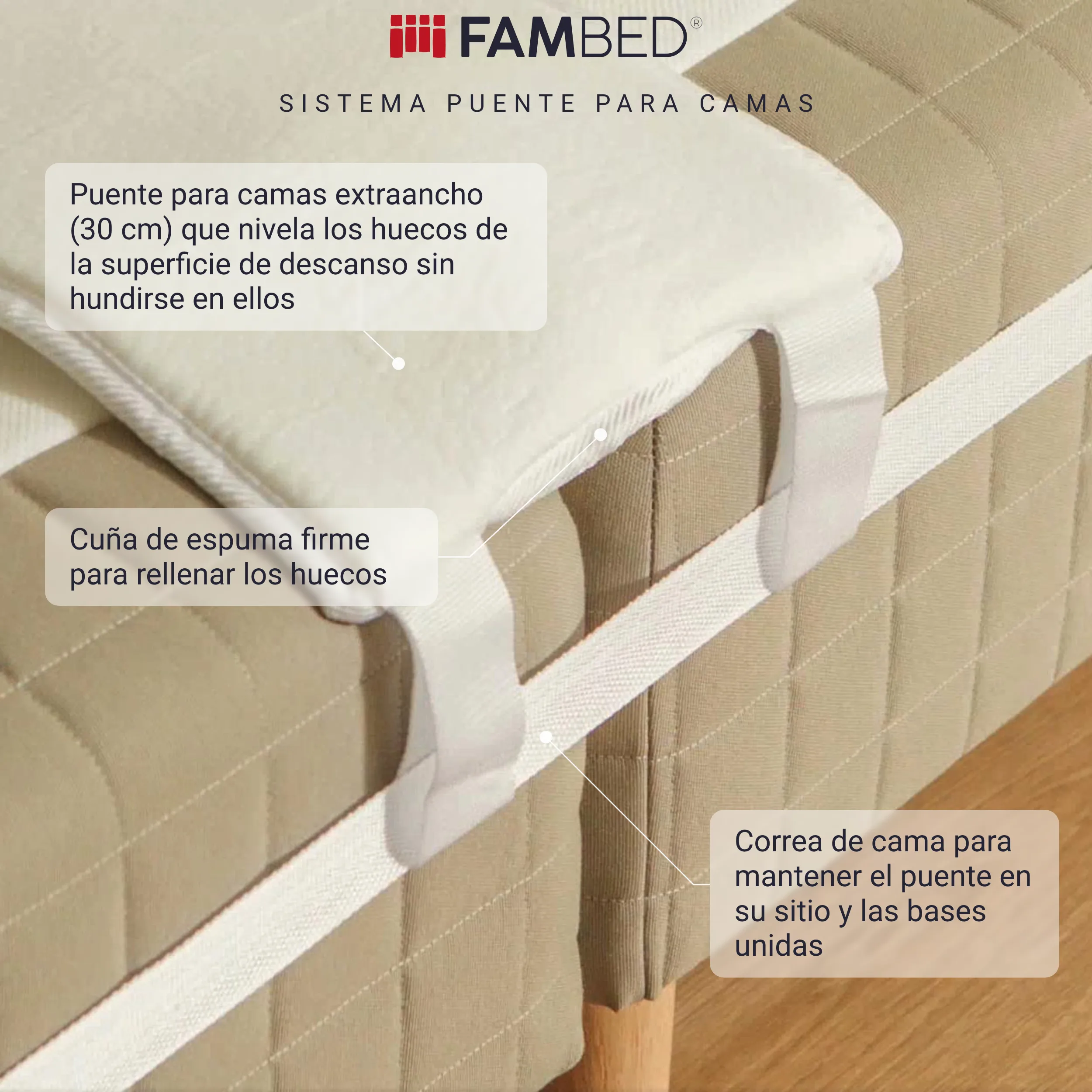 Infografía: sistema de unión para camas con indicaciones sobre el puente de 30 cm de ancho, la cuña de espuma firme y la correa que mantiene unidas las bases de las camas