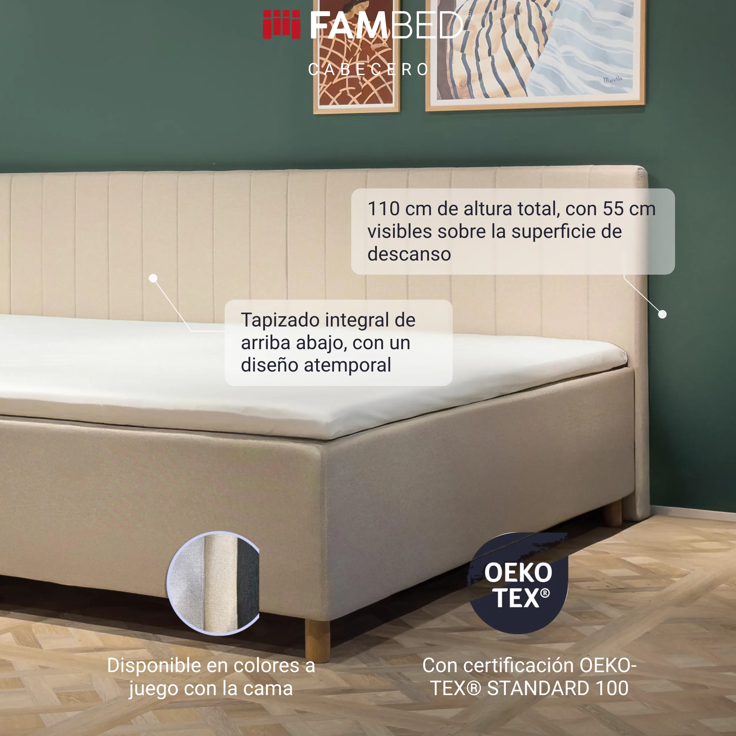 Infografía del cabecero FAMBED beige detrás de la cama, con datos sobre el tapizado integral, la altura de 110 cm y los colores a juego