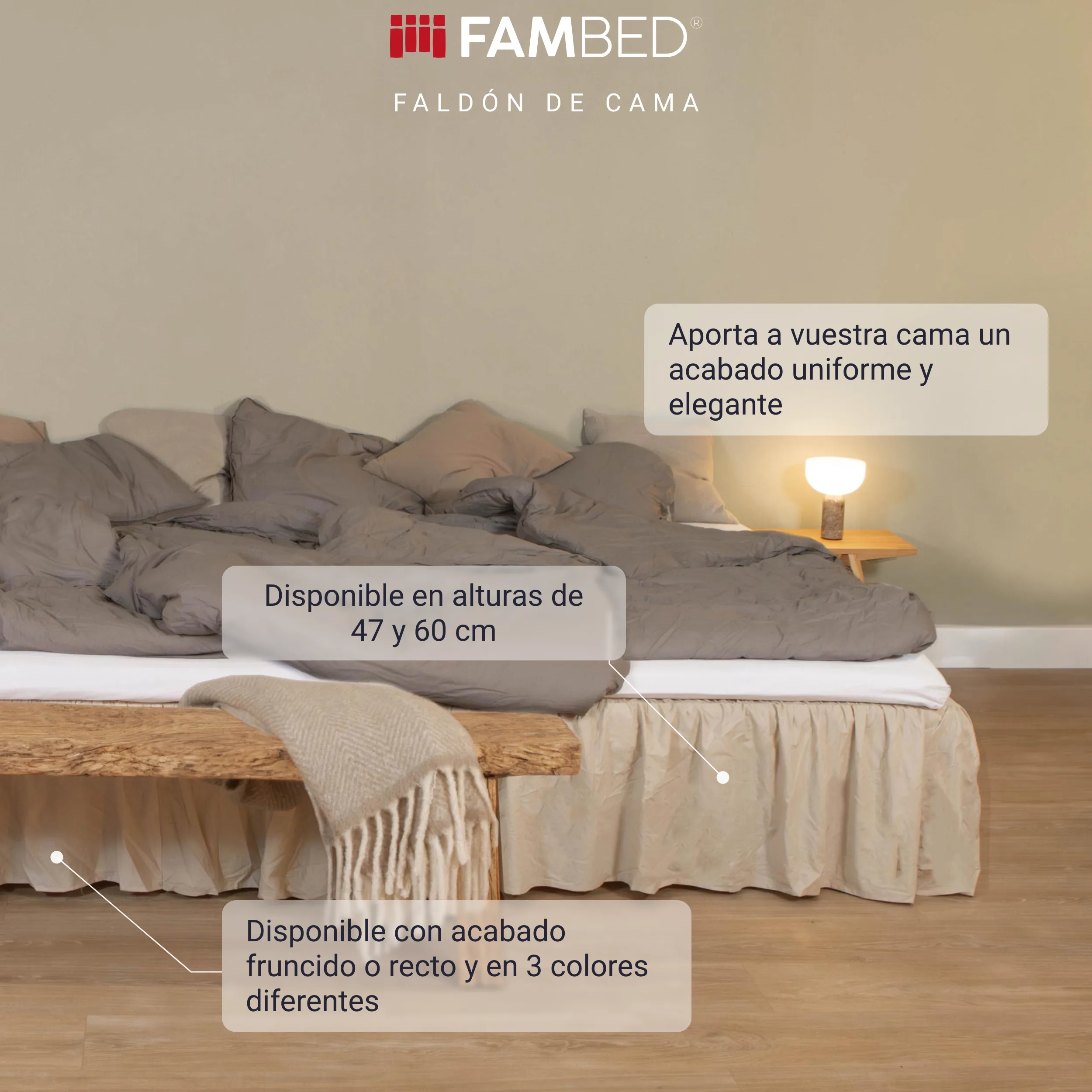 Cama familiar con un faldón beige que cubre la base y el espacio bajo la cama