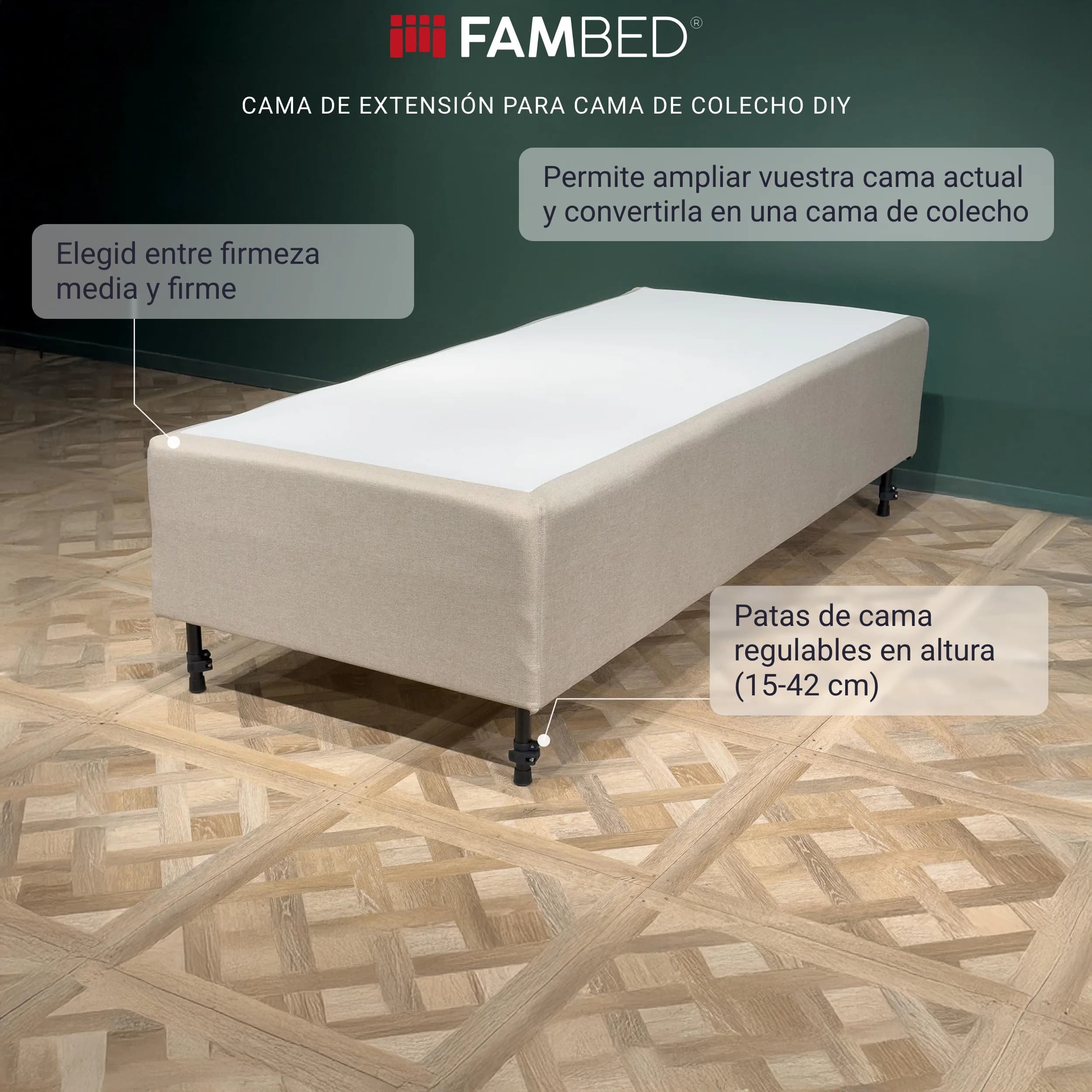 Infografía: cama de ampliación FAMBED sobre patas negras e información sobre el colchón de muelles reversible de 7 zonas y las patas regulables en altura