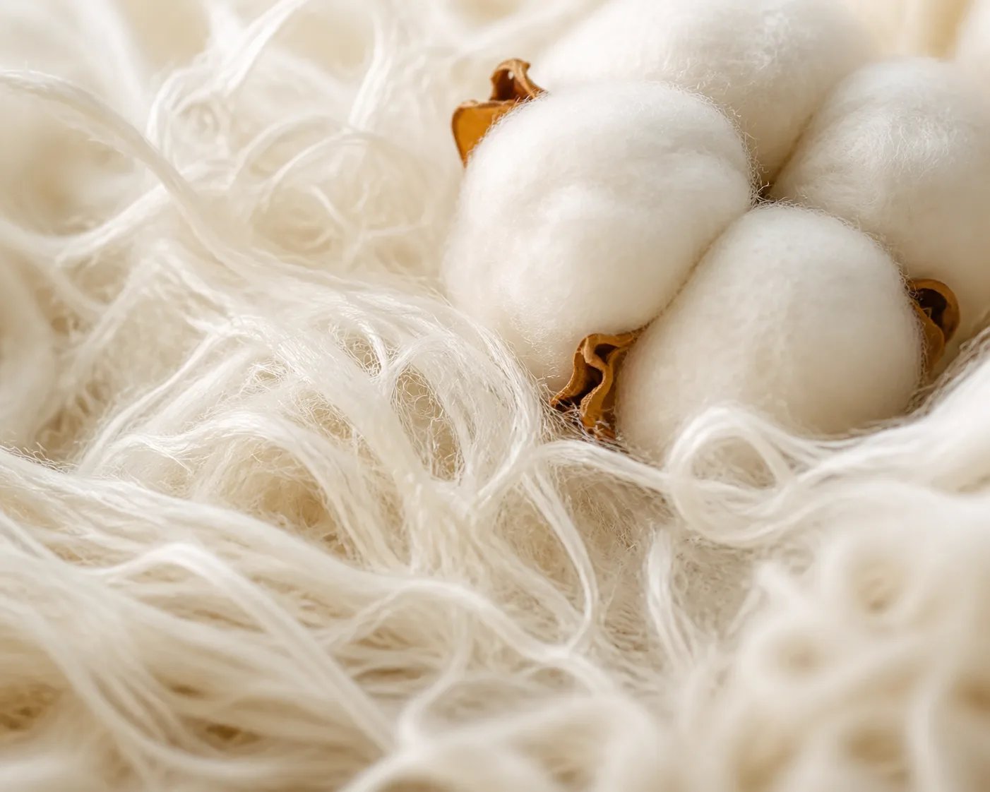 Macrofotografía de fibras naturales y un suave copo de algodón