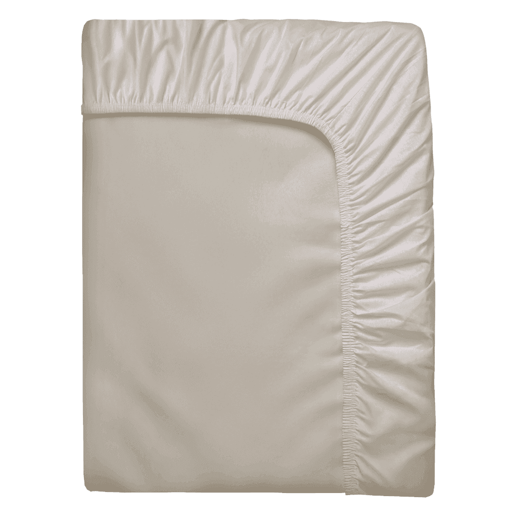 Sábana bajera ajustable beige doblada, con borde elástico en todo el contorno