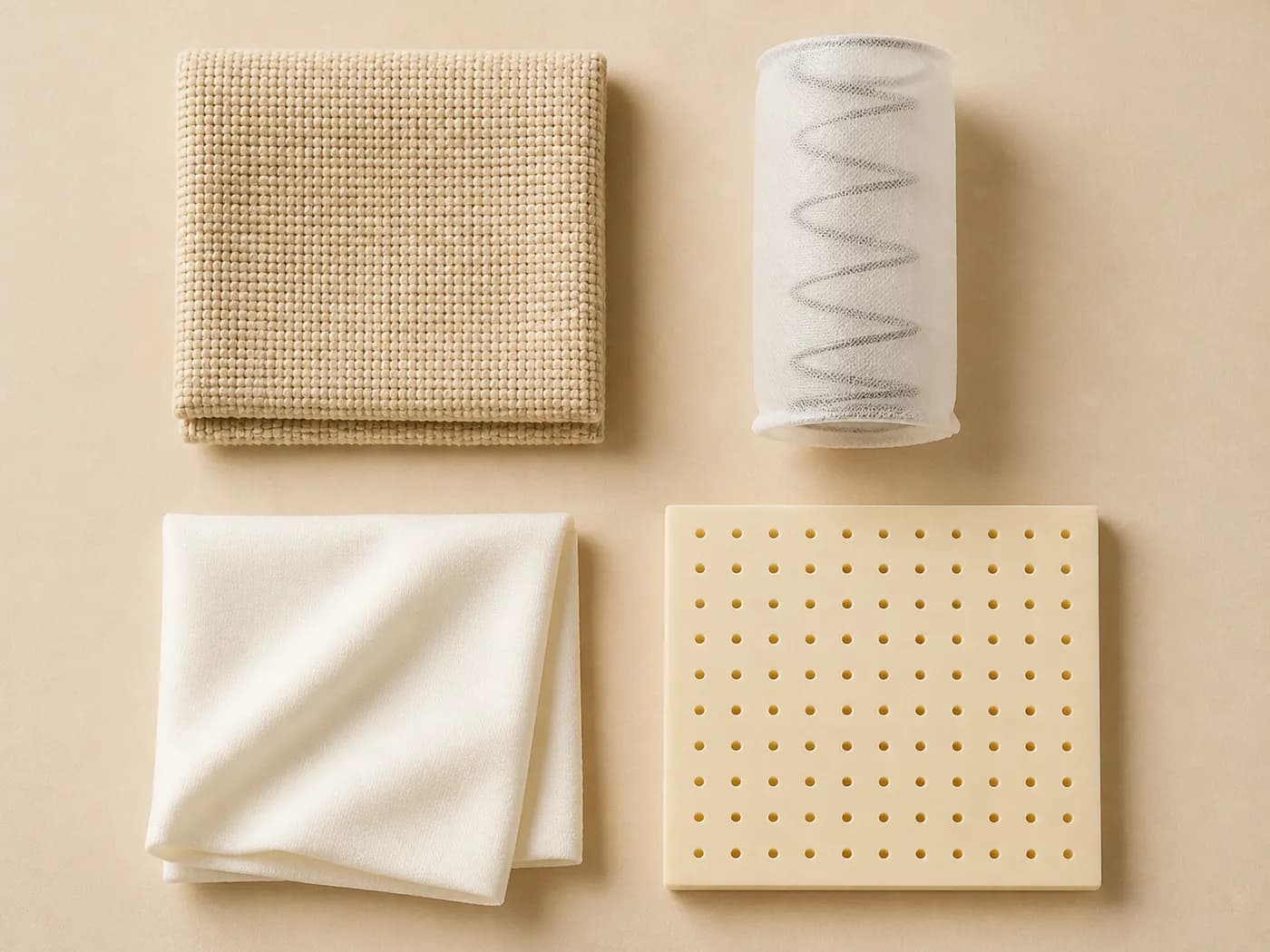 Cuatro muestras de materiales sobre una superficie clara: tejido beige de la funda, un muelle ensacado dentro de su bolsa de tela, un tejido blanco, suave y doblado, y una plancha perforada de látex natural.