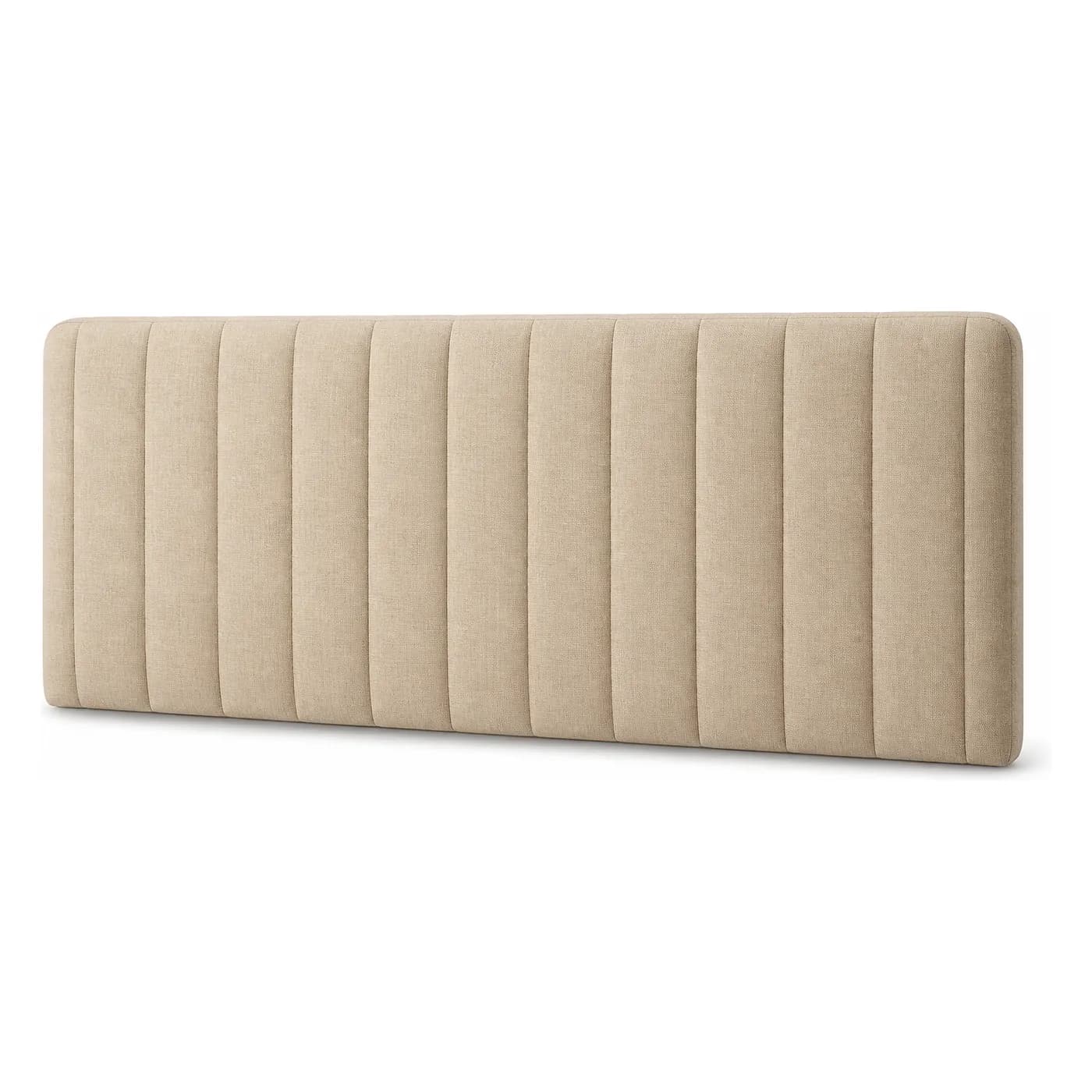 Cabecero FamBed beige completamente tapizado, con paneles verticales