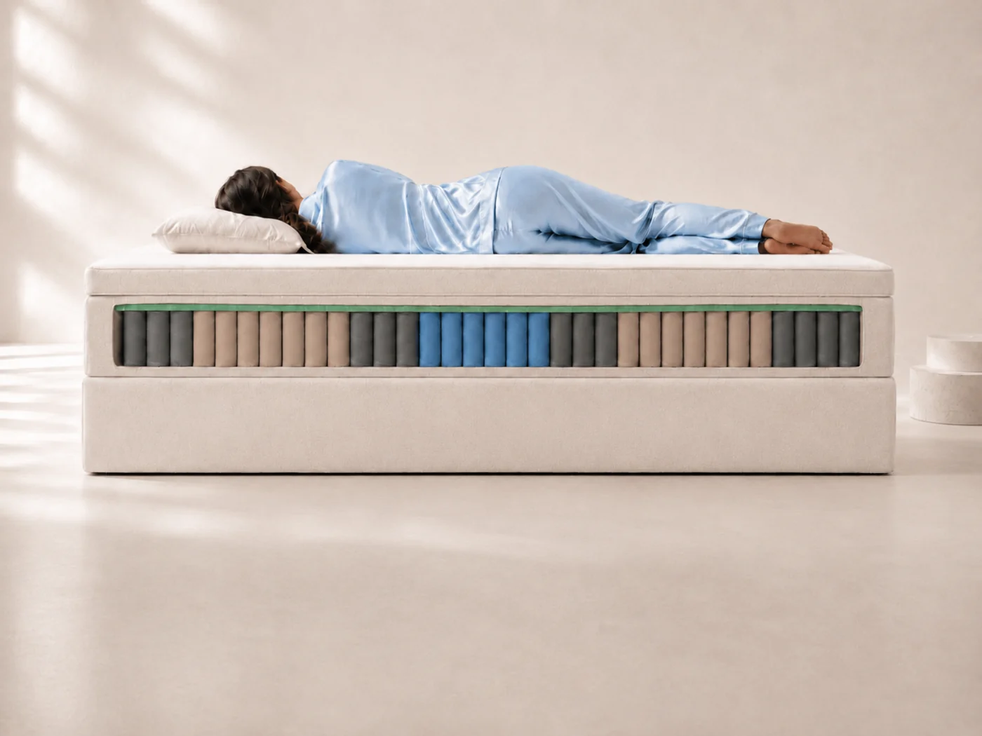Vista lateral de la cama con el frontal del colchón abierto: varias filas de muelles ensacados grises, beige y azules muestran las zonas a lo largo del colchón, mientras un adulto con ropa de dormir azul claro está tumbado de lado encima
