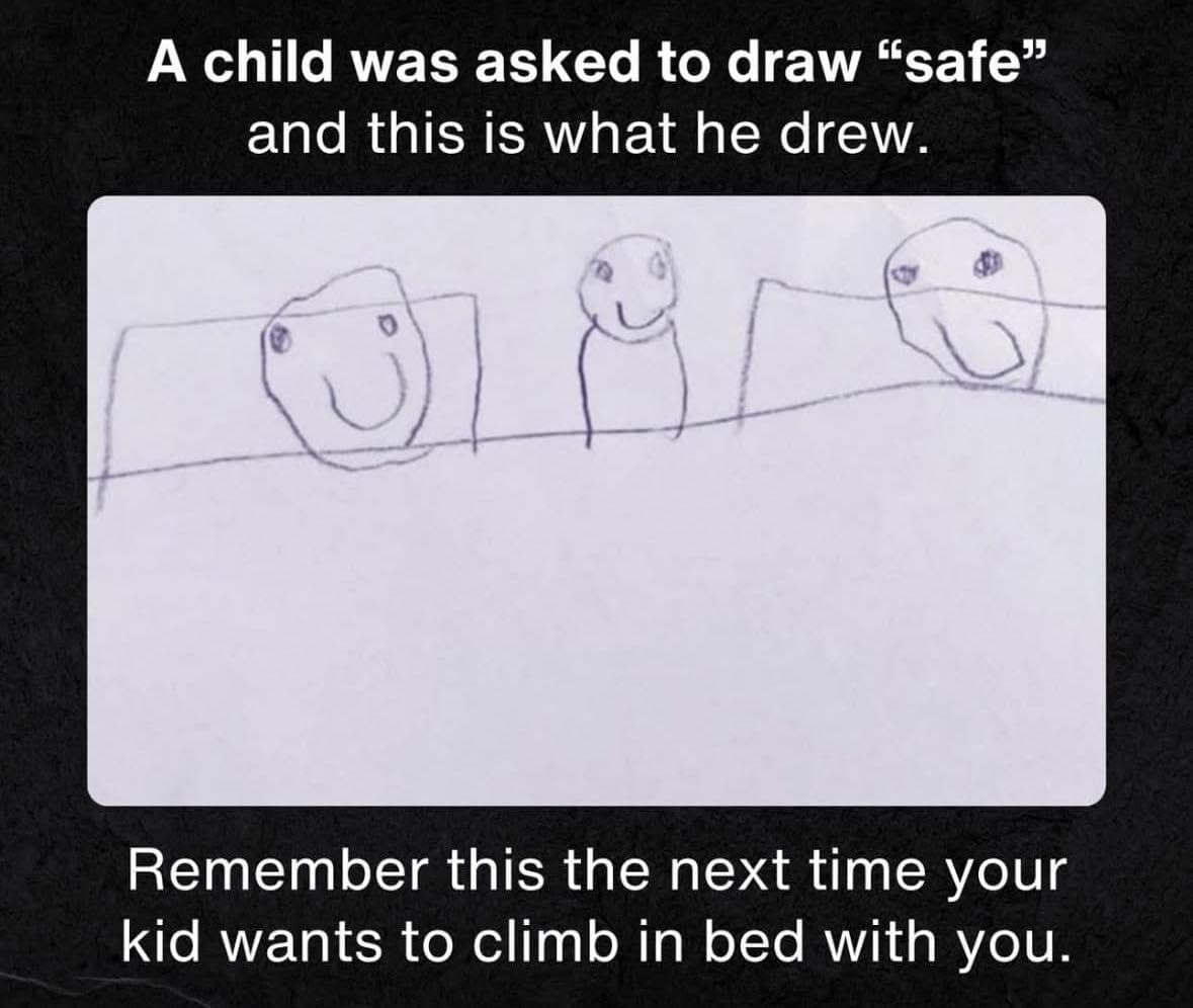 A child's drawing of three smiling figures in a bed, shared alongside English text explaining that the child was asked to draw the word safe
