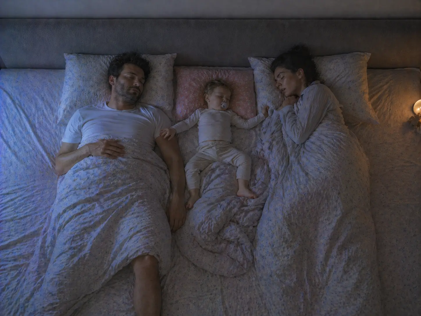 A family of three sleeping side by side in the family bed, seen from above