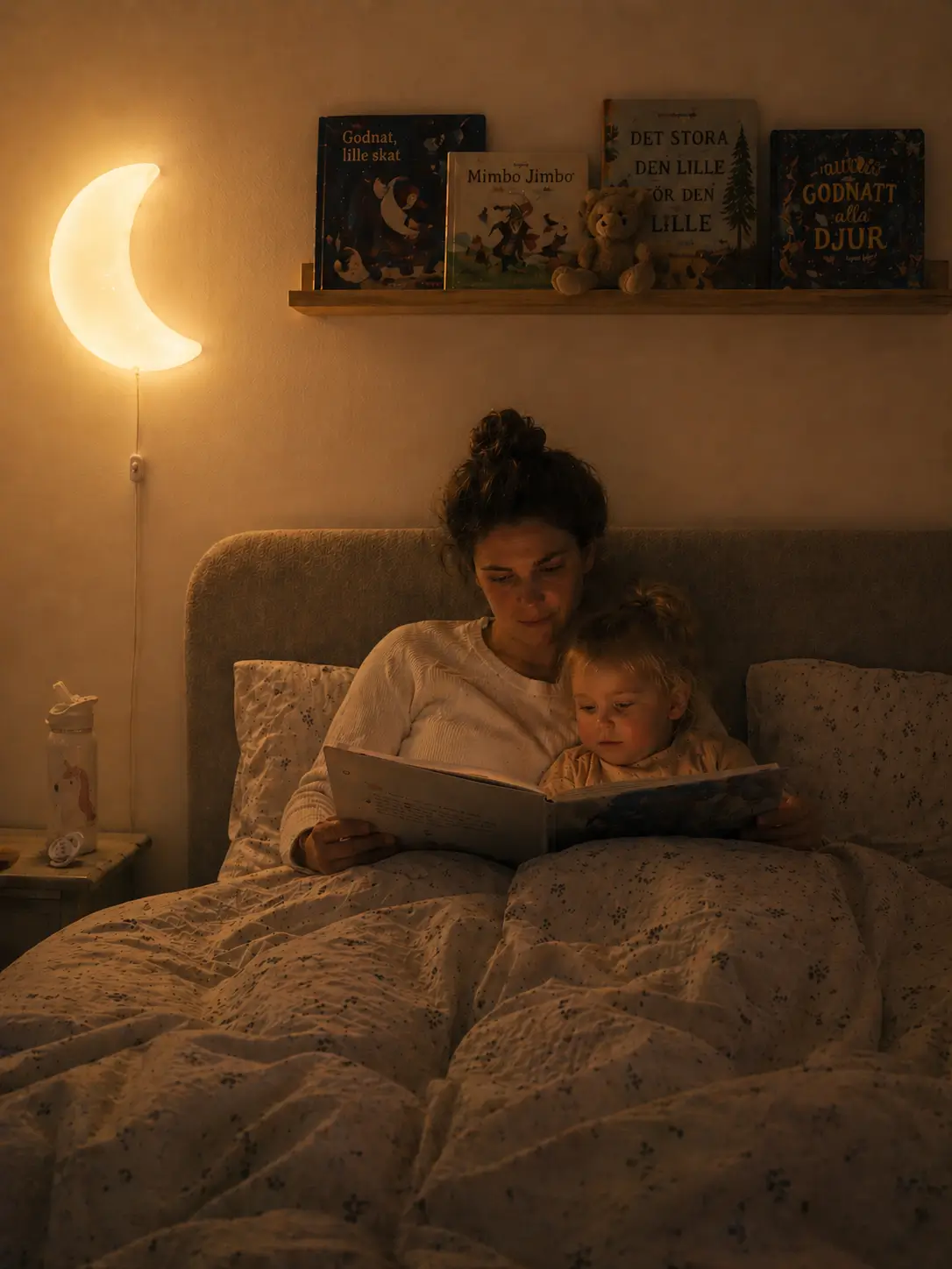 A mother and child reading a bedtime story in bed beneath a glowing moon lamp